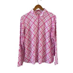 IBKUL‎ Pink Plaid 1/4 Zip Mock Neck Top Womens XXL Long Sleeved UPF 50+ Golf